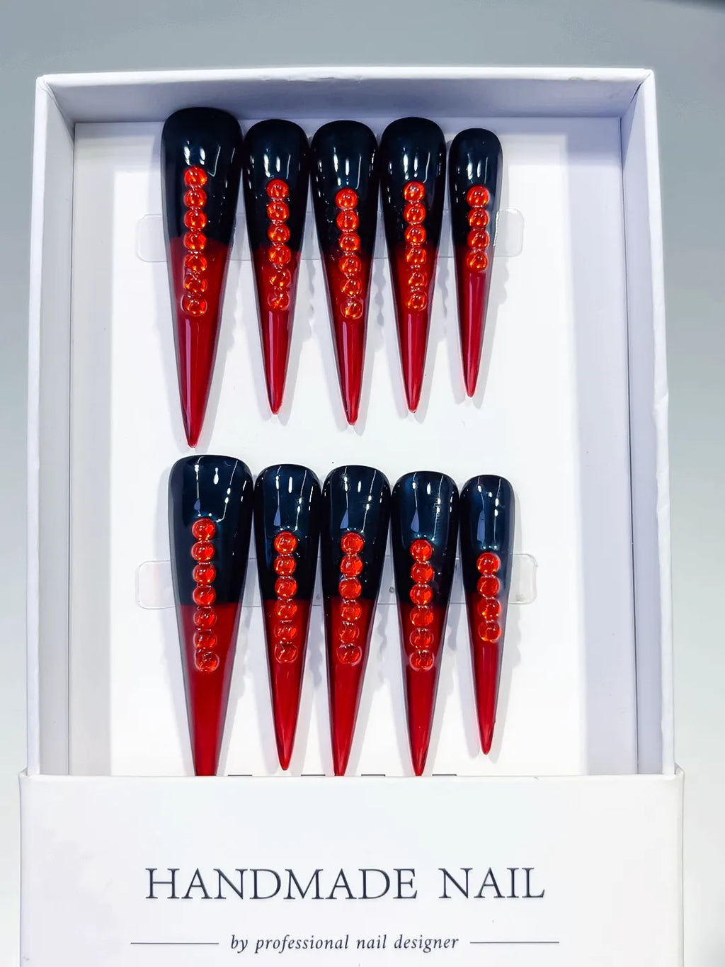 Black Red French tip Stud press on nails full set view