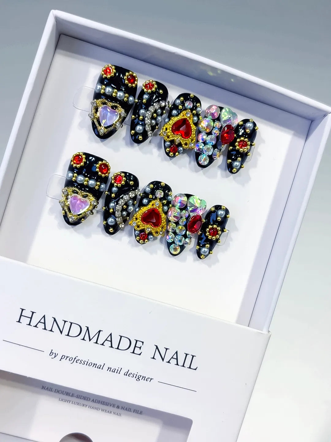 Black Gold Red Pink Multicolor Glitter Heart Pearl 3D press on nails