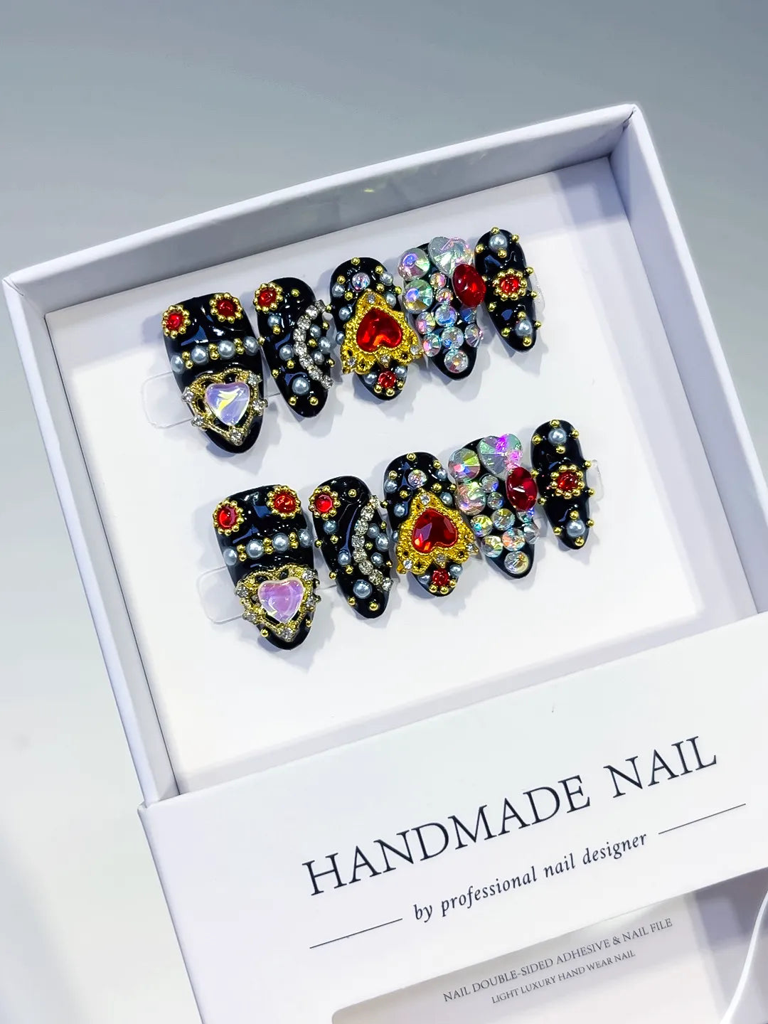Black Gold Red Pink Multicolor Glitter Heart Pearl 3D press on nails angled view