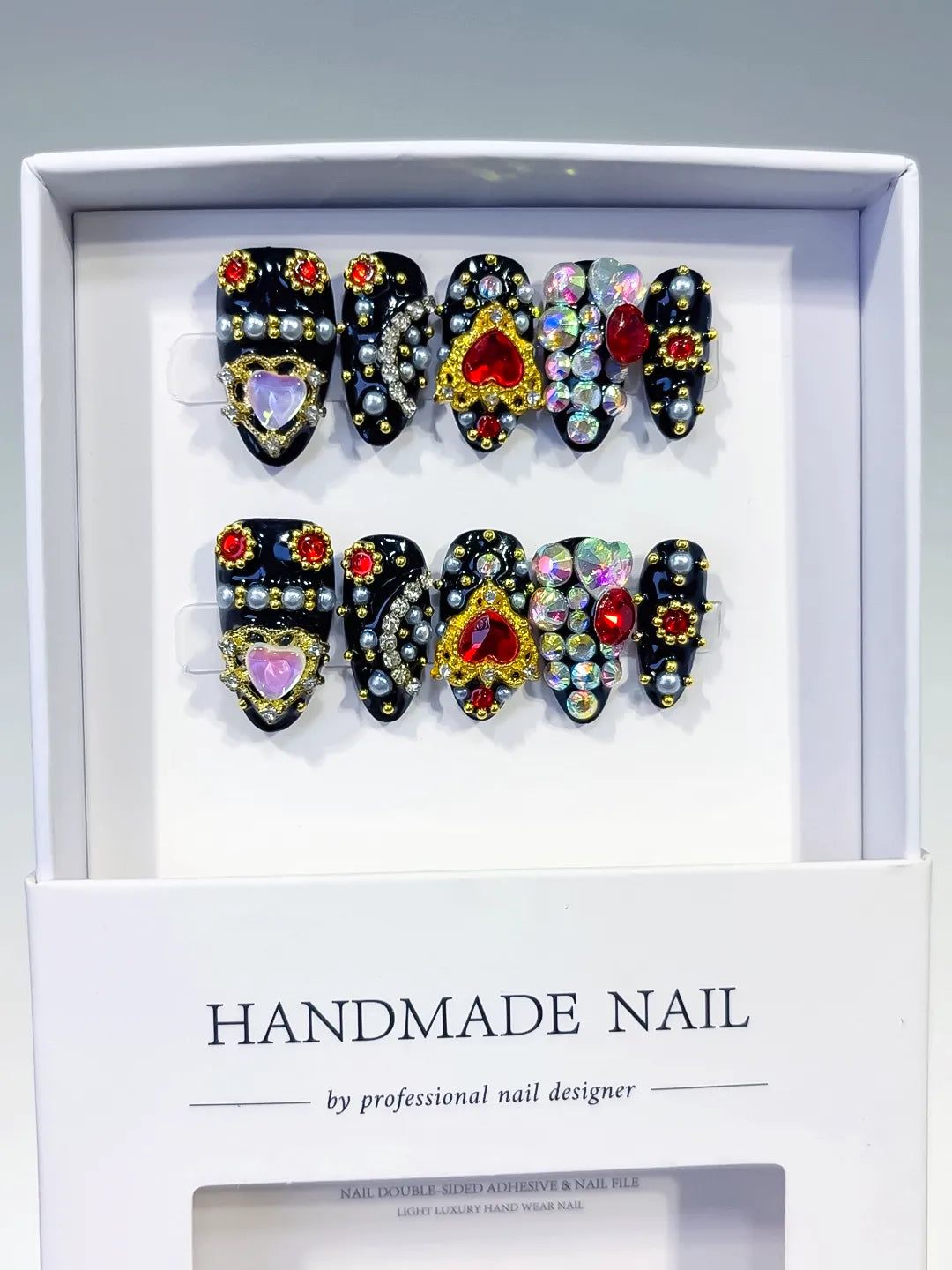 Black Gold Red Pink Multicolor Glitter Heart Pearl 3D press on nails full set view