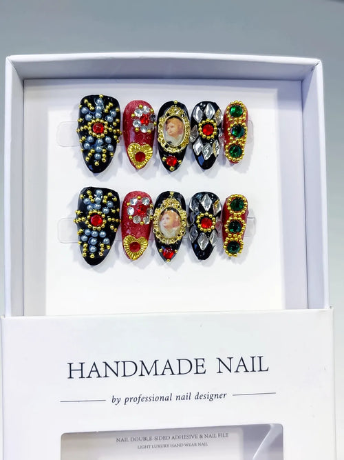 Black Gold Red Green Silver Glitter Portrait Pearl 3D press on nails full set view