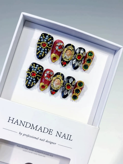 Black Gold Red Green Silver Glitter Portrait Pearl 3D press on nails