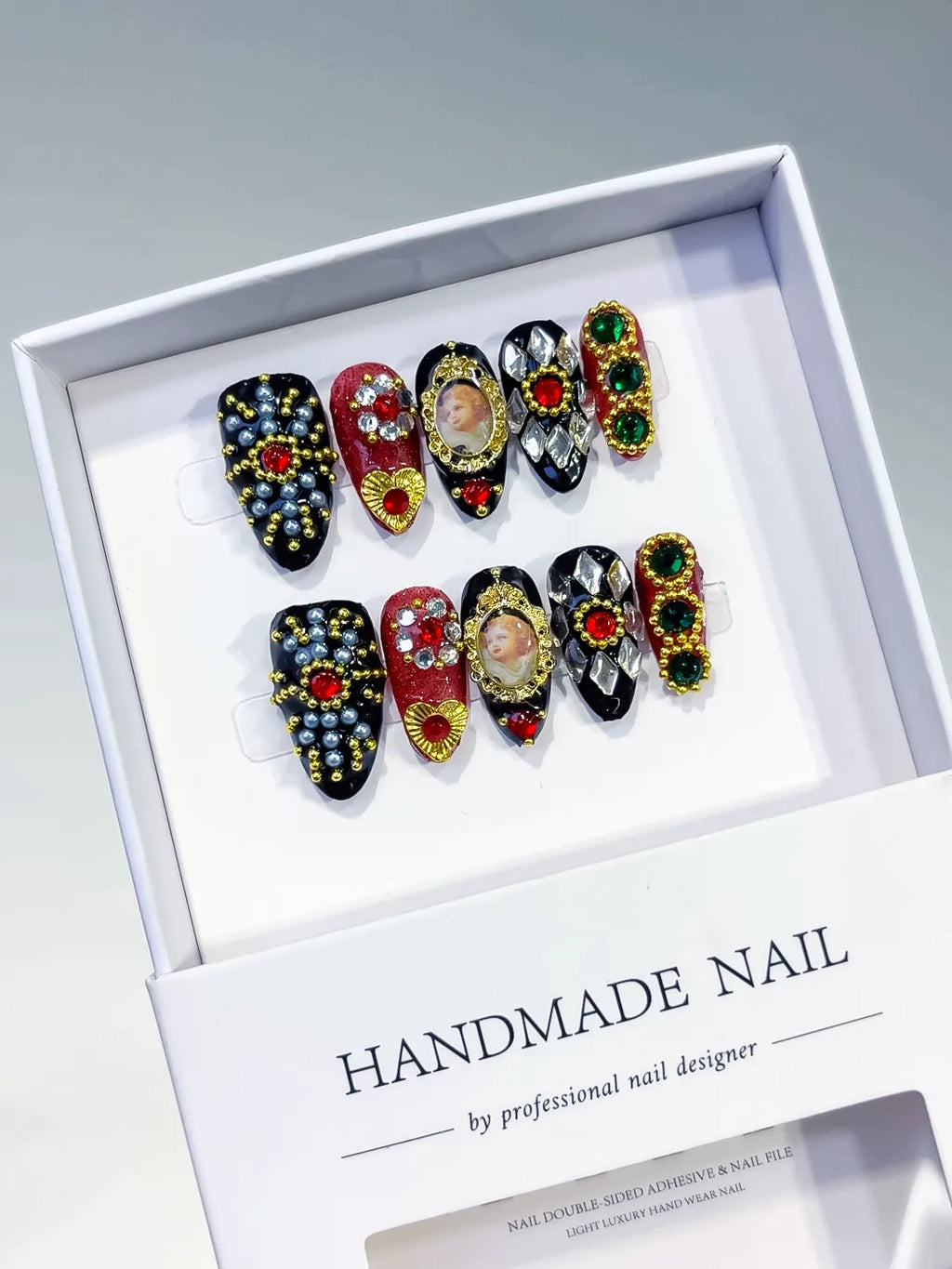 Black Gold Red Green Silver Glitter Portrait Pearl 3D press on nails angled view