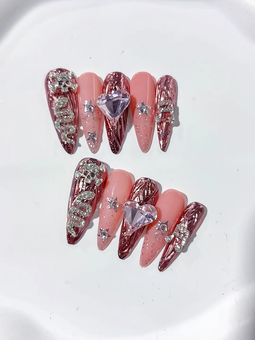 Gold Pink Silver Metallic Snake Heart Star Rhinestone press on nails detail view