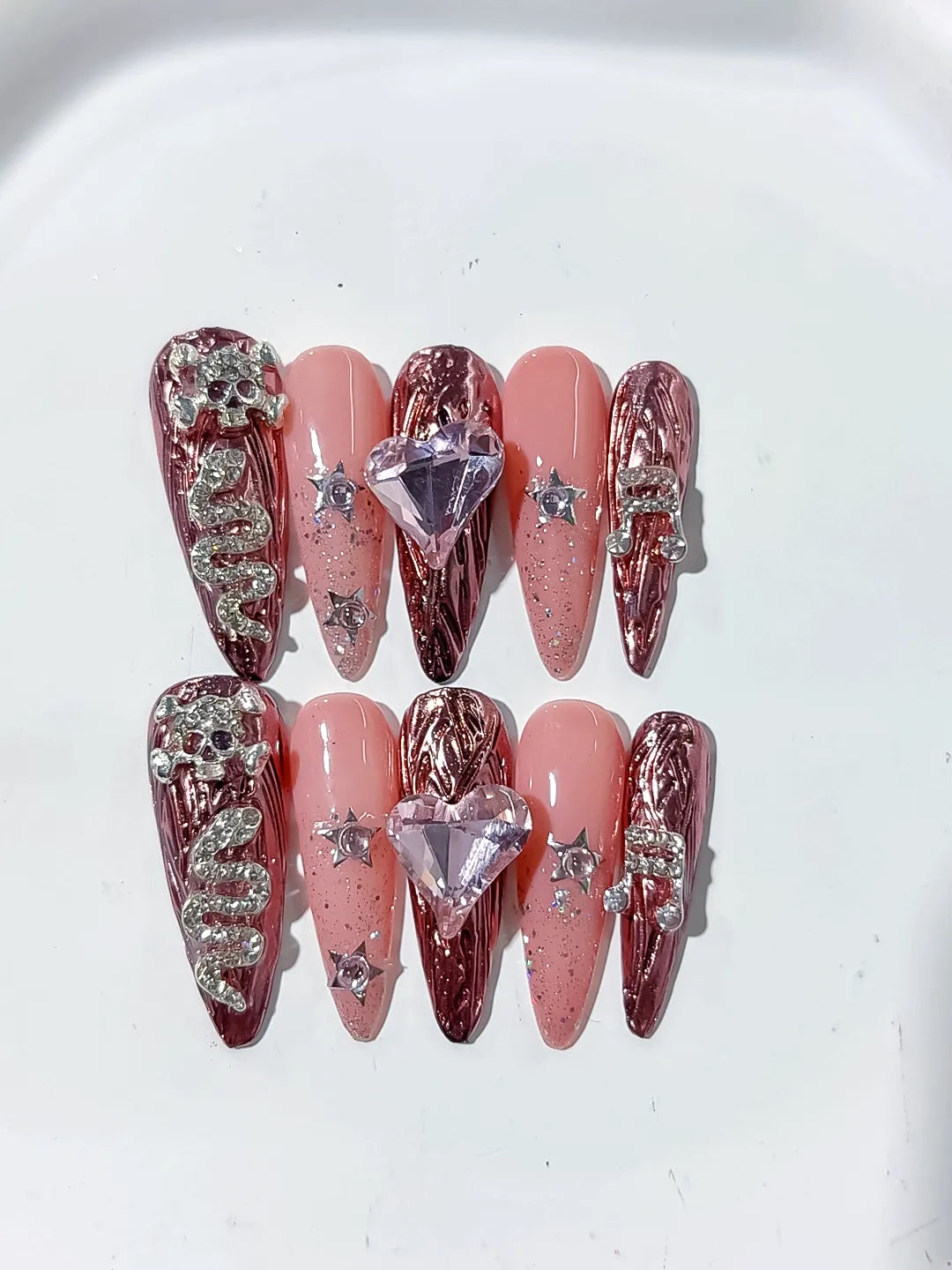 Gold Pink Silver Metallic Snake Heart Star Rhinestone press on nails detail view