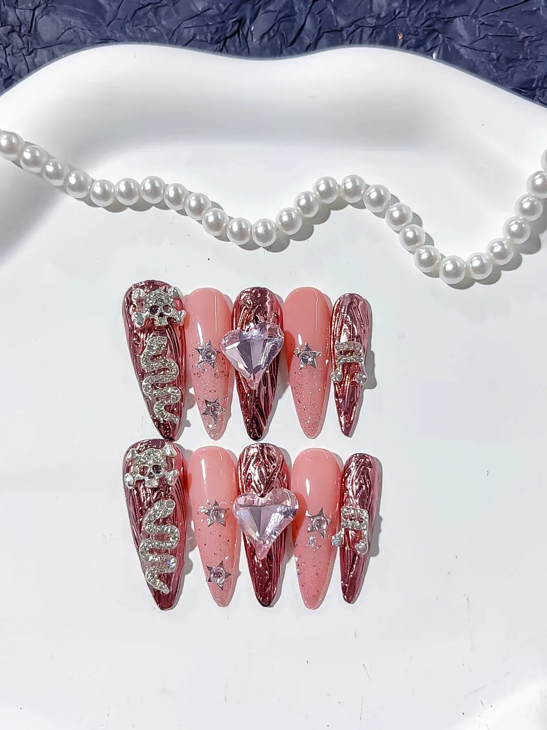 Gold Pink Silver Metallic Snake Heart Star Rhinestone press on nails detail view