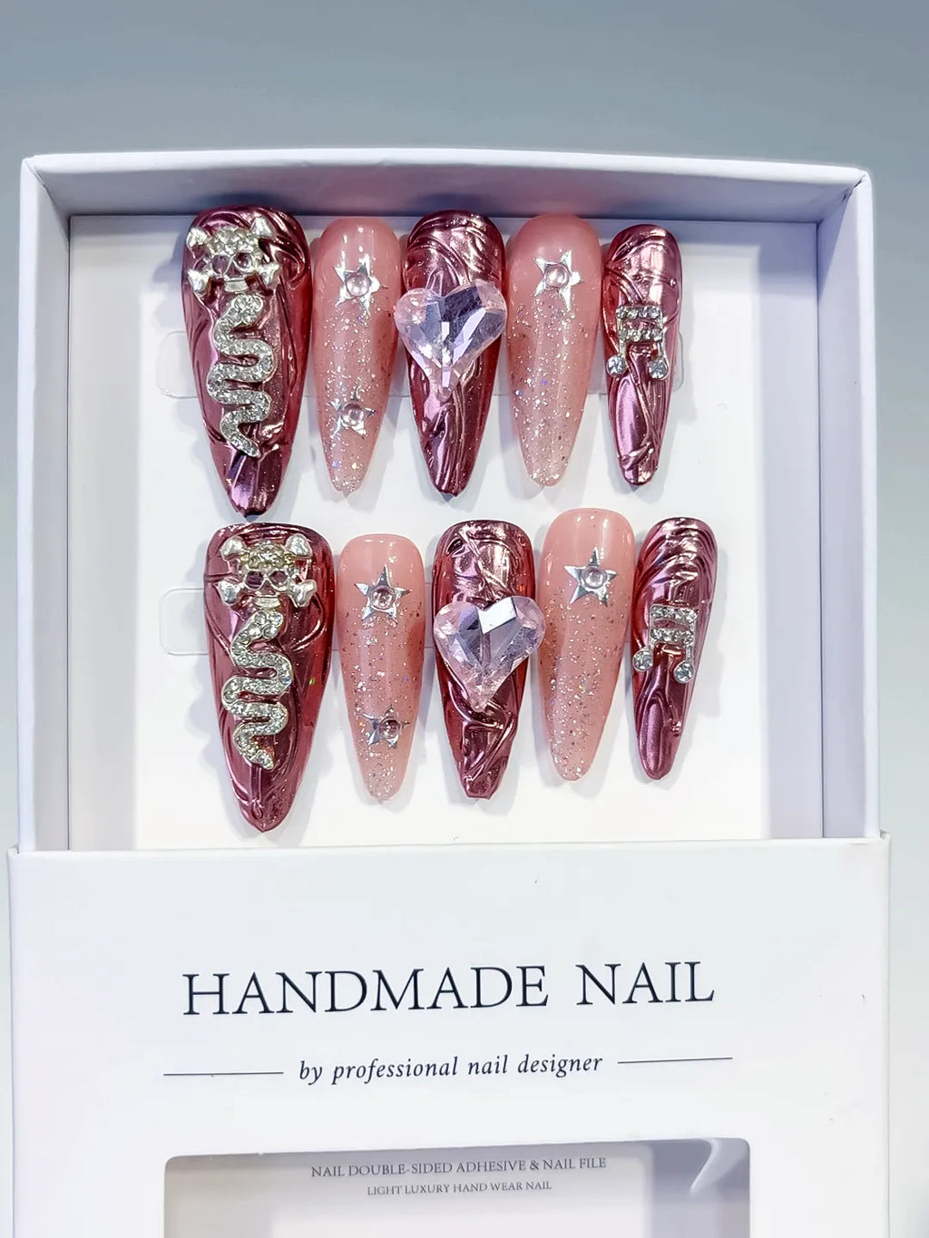 Gold Pink Silver Metallic Snake Heart Star Rhinestone press on nails full set view