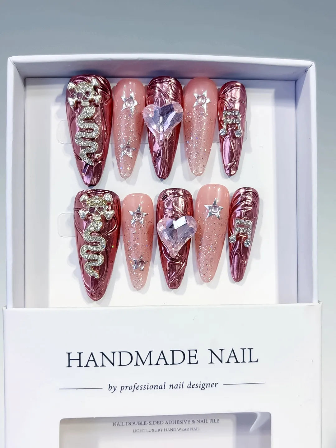 Gold Pink Silver Metallic Snake Heart Star Rhinestone press on nails full set view