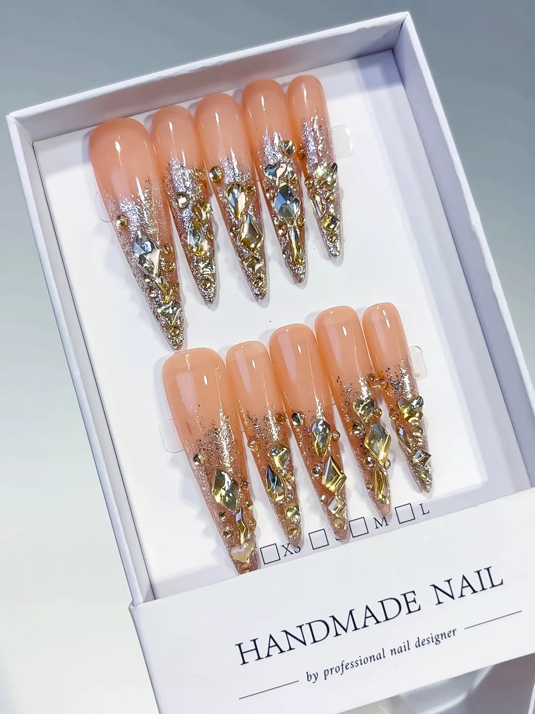 Nude Gold Silver Multicolor Glitter Rhinestone press on nails angled view