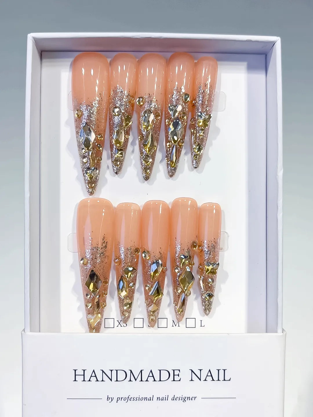 Nude Gold Silver Multicolor Glitter Rhinestone press on nails full set view