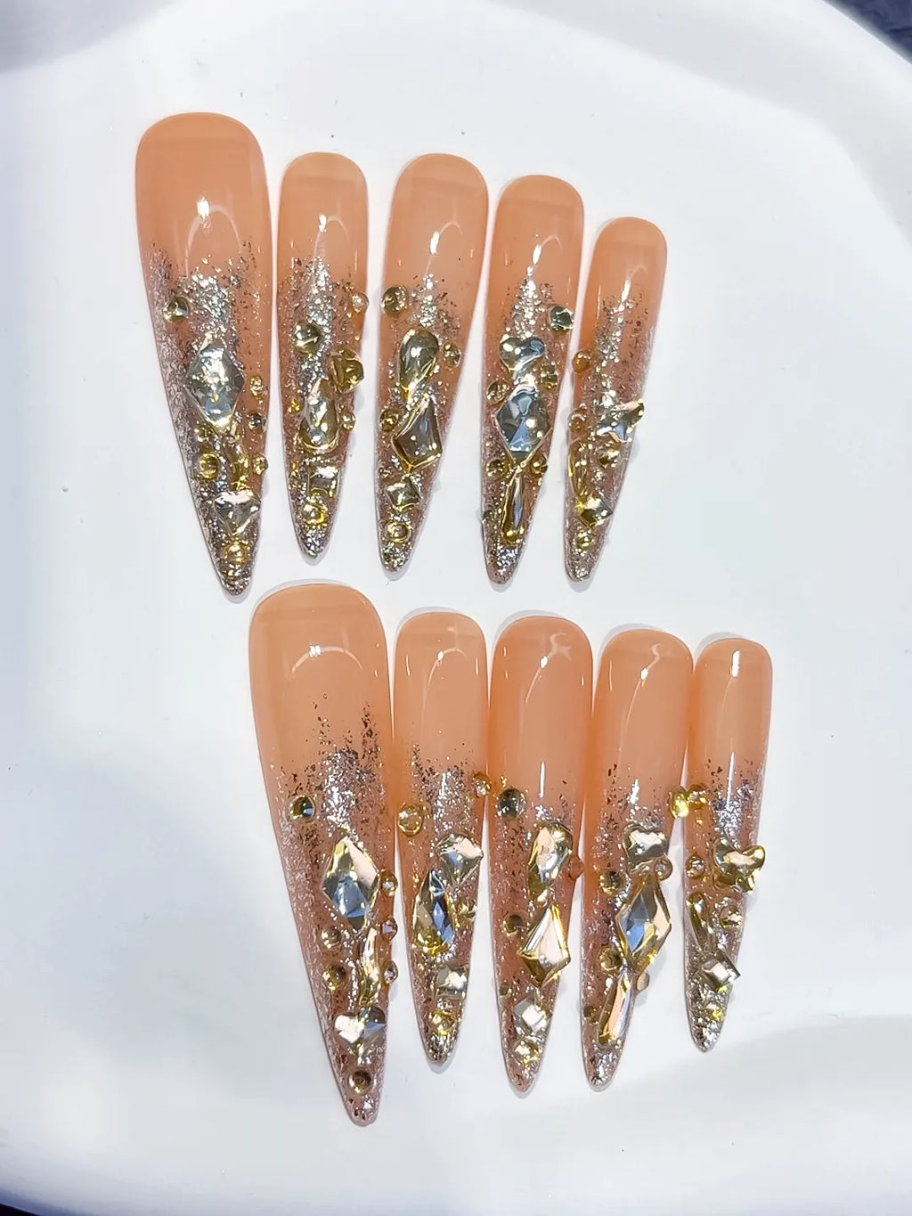 Nude Gold Silver Multicolor Glitter Rhinestone press on nails detail view