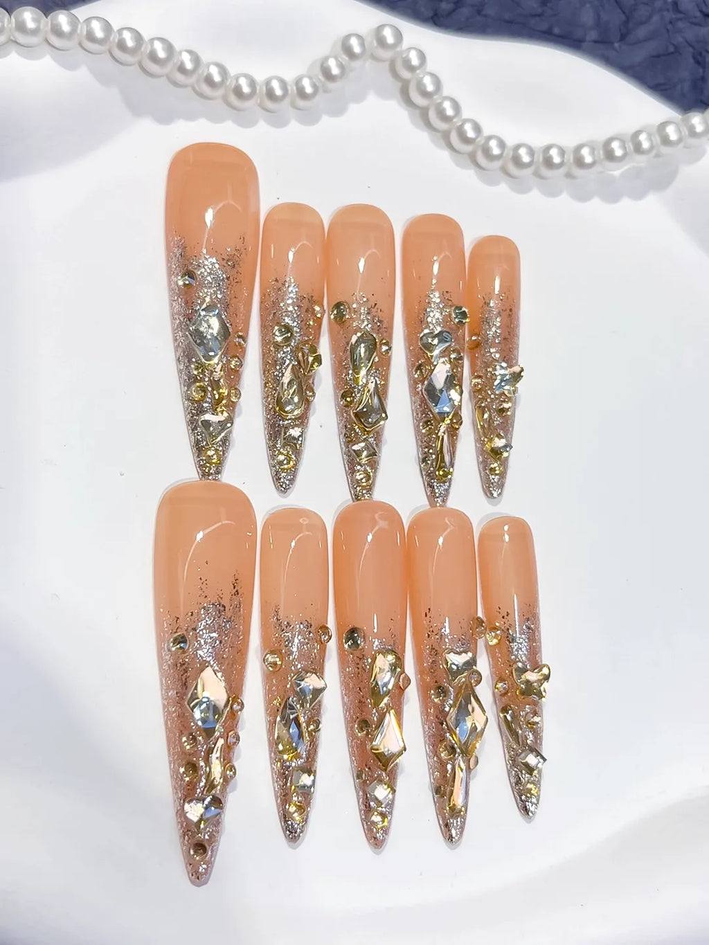 Nude Gold Silver Multicolor Glitter Rhinestone press on nails detail view