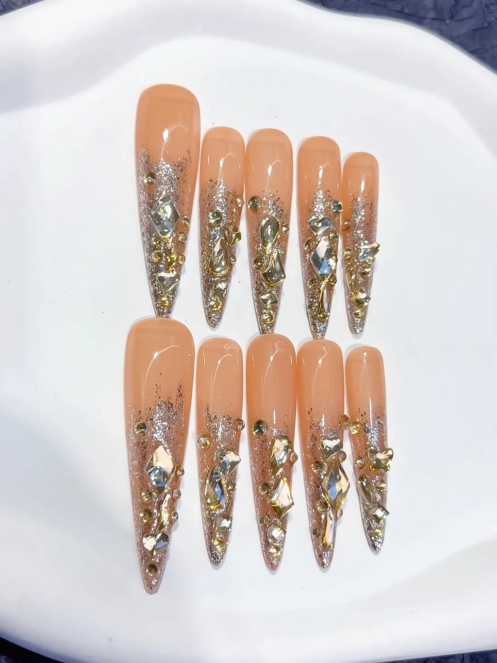 Nude Gold Silver Multicolor Glitter Rhinestone press on nails detail view
