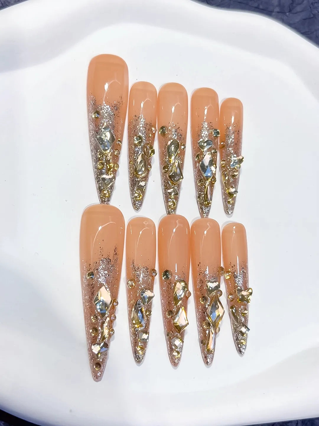 Nude Gold Silver Multicolor Glitter Rhinestone press on nails detail view