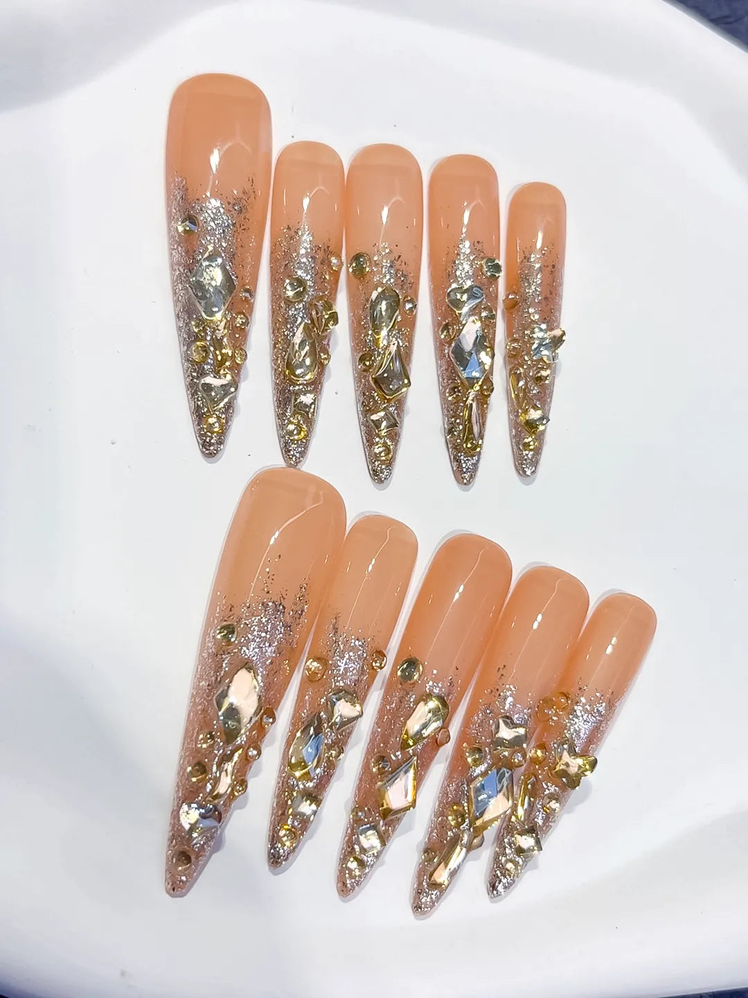 Nude Gold Silver Multicolor Glitter Rhinestone press on nails close up