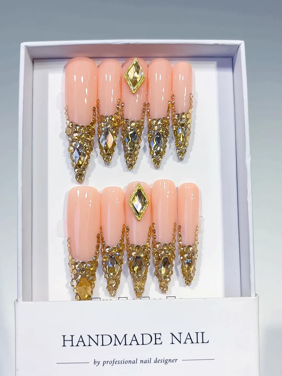 Nude Gold Silver Glitter press on nails full set view