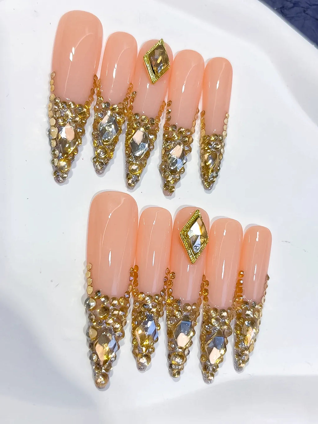 Nude Gold Silver Glitter press on nails close up
