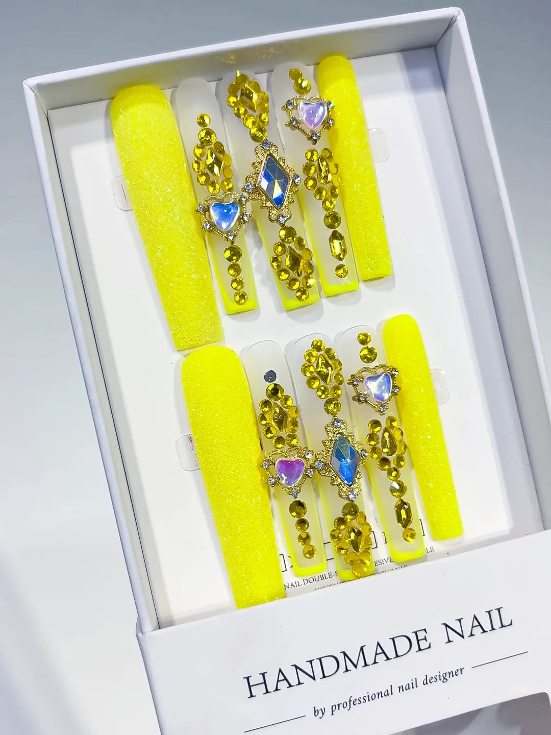 Yellow Gold White Blue Multicolor Glitter Heart Rhinestone press on nails angled view
