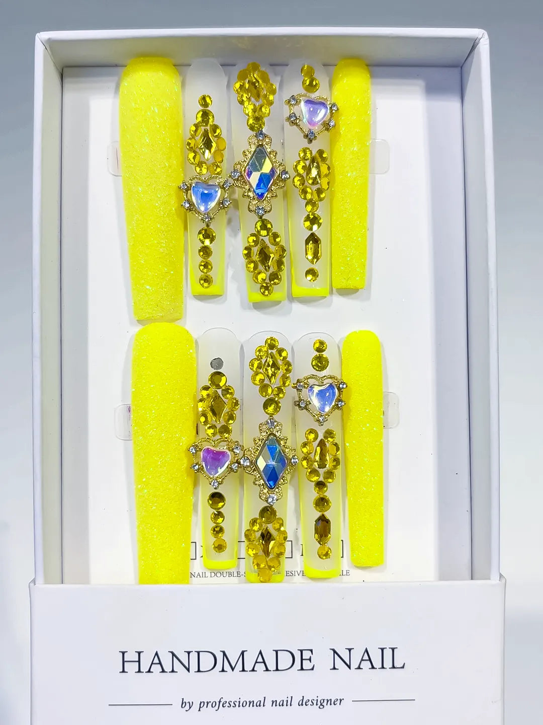 Yellow Gold White Blue Multicolor Glitter Heart Rhinestone press on nails full set view