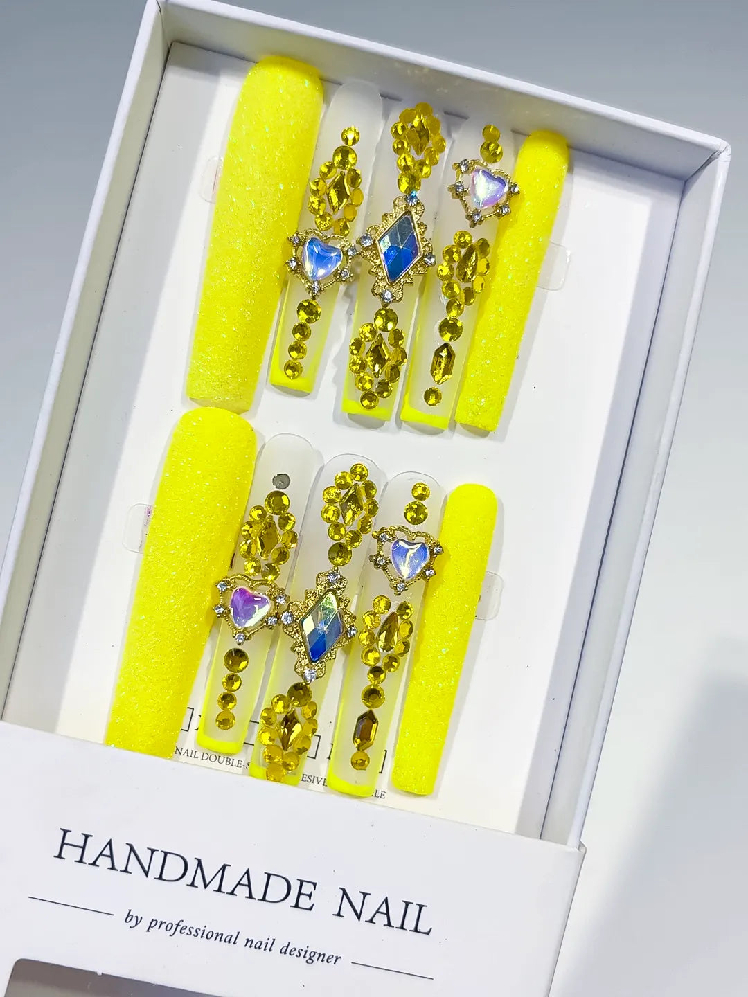 Yellow Gold White Blue Multicolor Glitter Heart Rhinestone press on nails