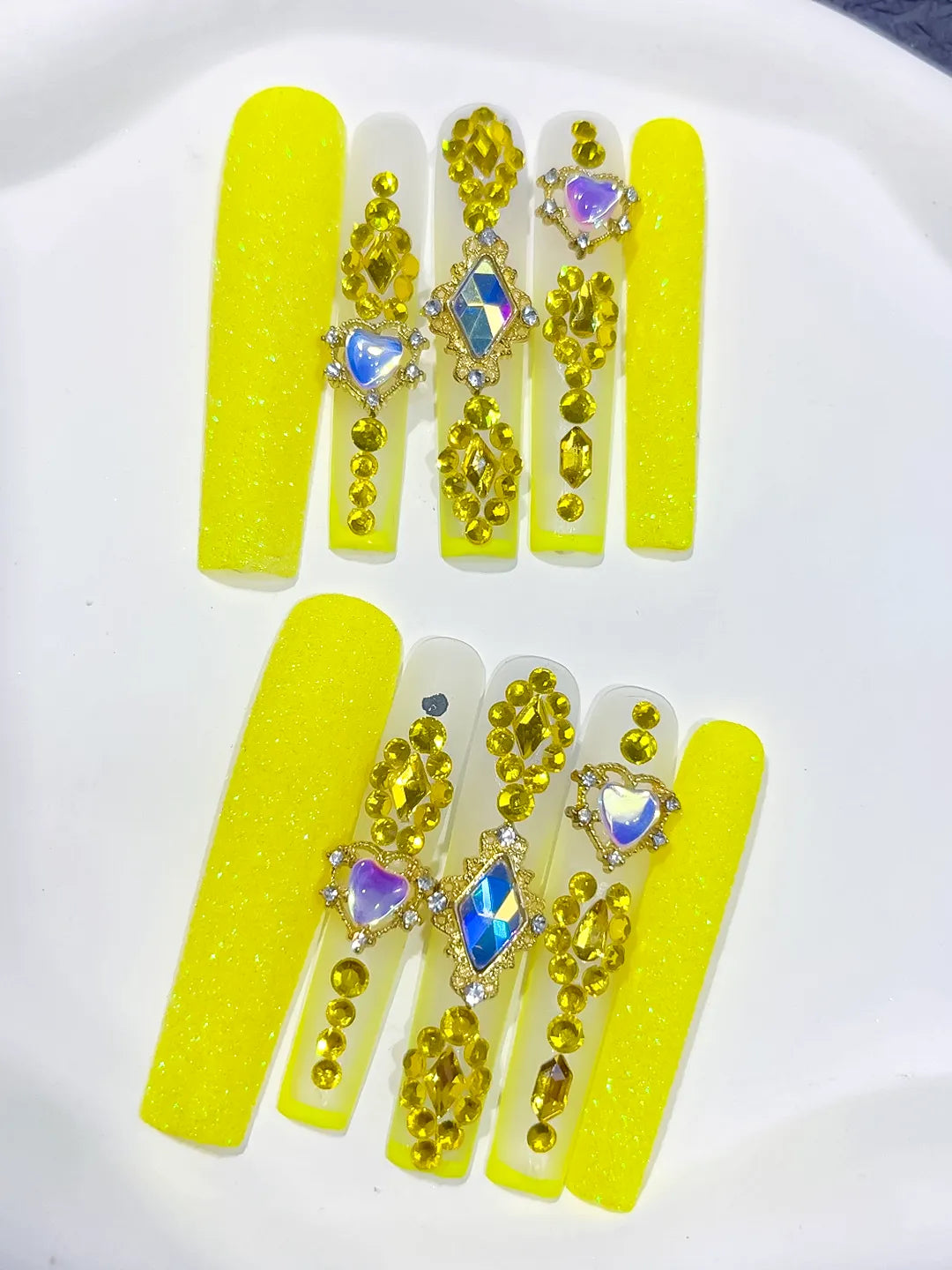 Yellow Gold White Blue Multicolor Glitter Heart Rhinestone press on nails detail view