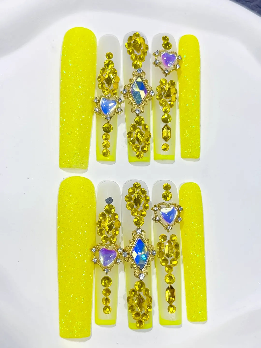 Yellow Gold White Blue Multicolor Glitter Heart Rhinestone press on nails close up