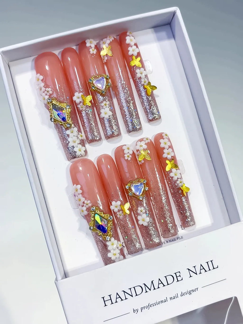 Nude Gold White Multicolor Glitter Flower Heart Rhinestone press on nails angled view