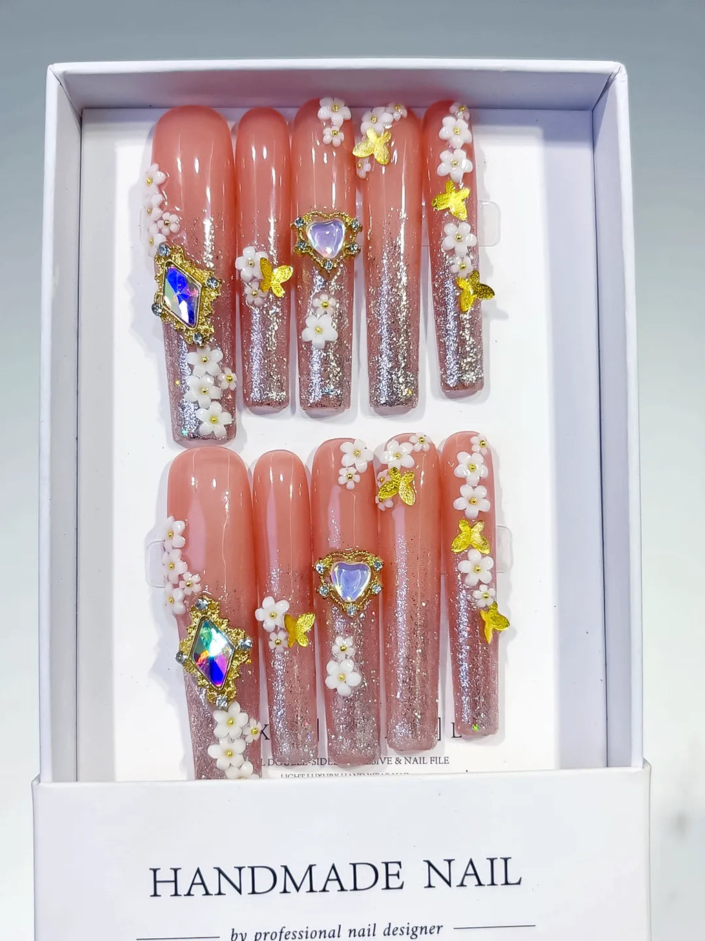 Nude Gold White Multicolor Glitter Flower Heart Rhinestone press on nails full set view
