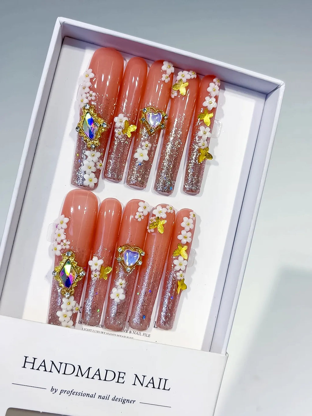 Nude Gold White Multicolor Glitter Flower Heart Rhinestone press on nails