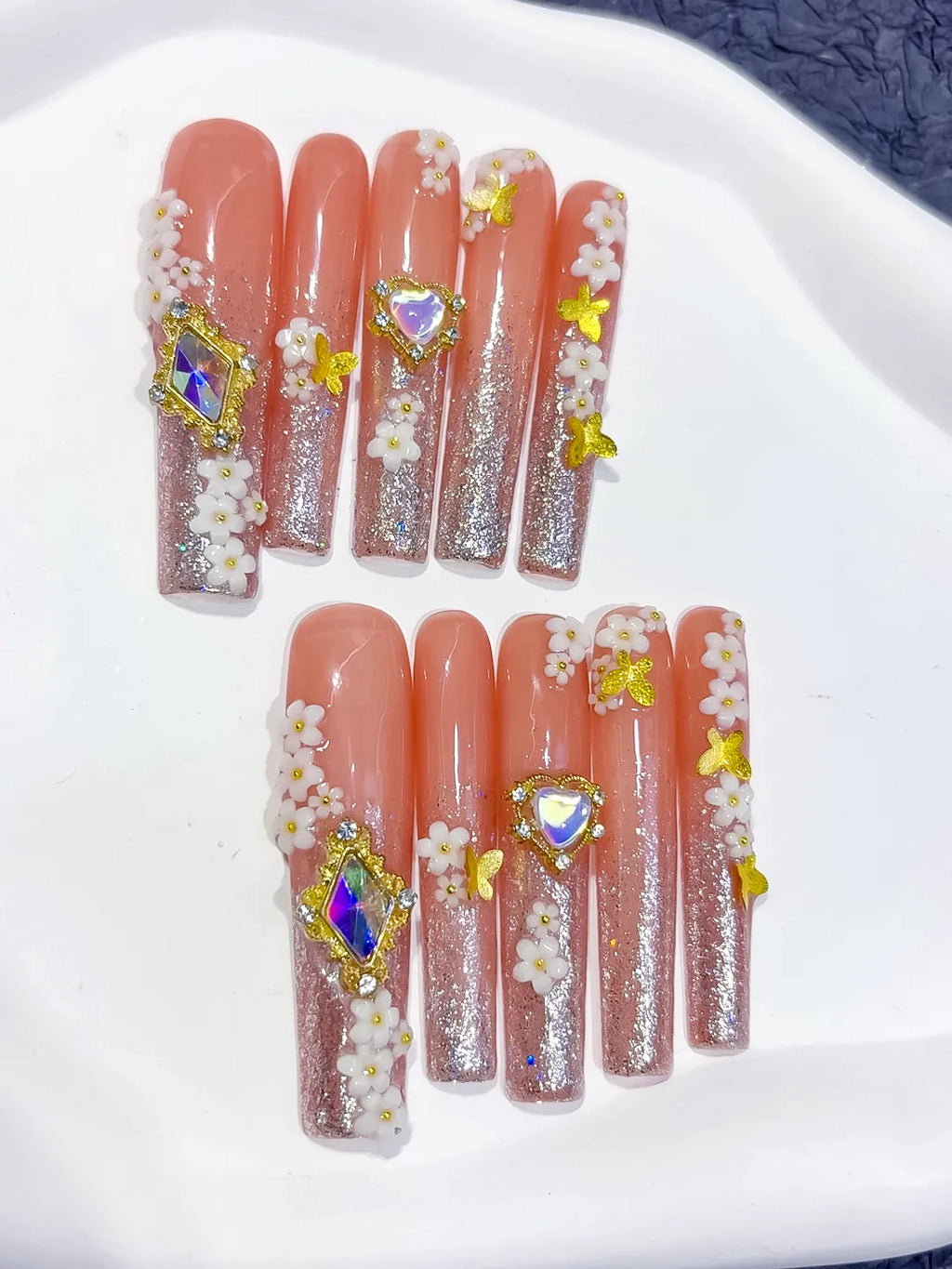 Nude Gold White Multicolor Glitter Flower Heart Rhinestone press on nails detail view