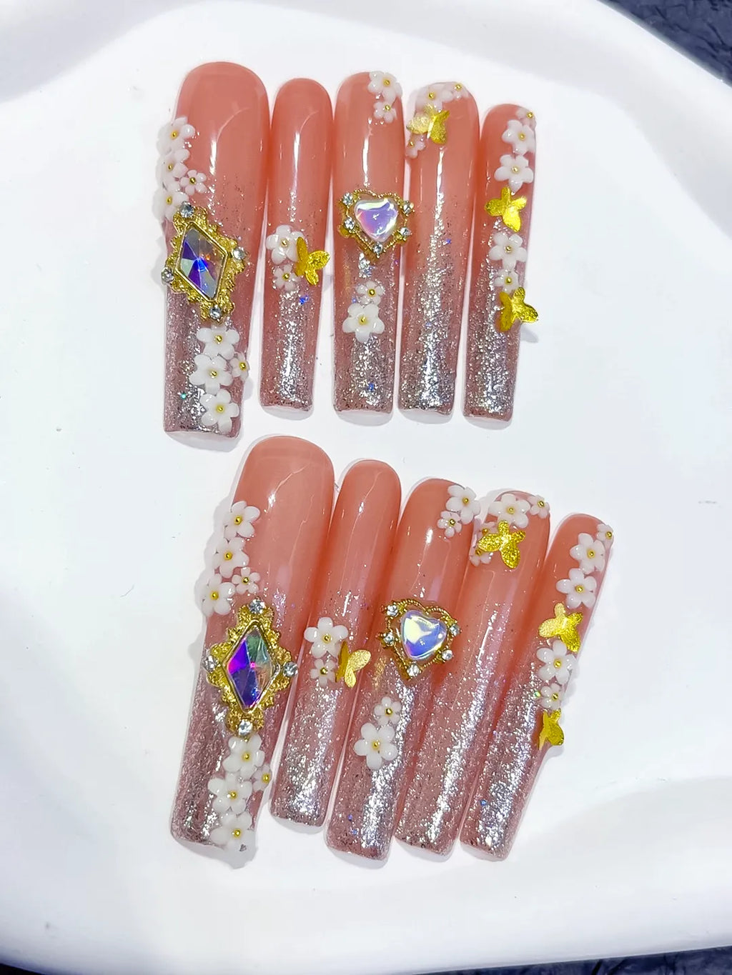 Nude Gold White Multicolor Glitter Flower Heart Rhinestone press on nails detail view