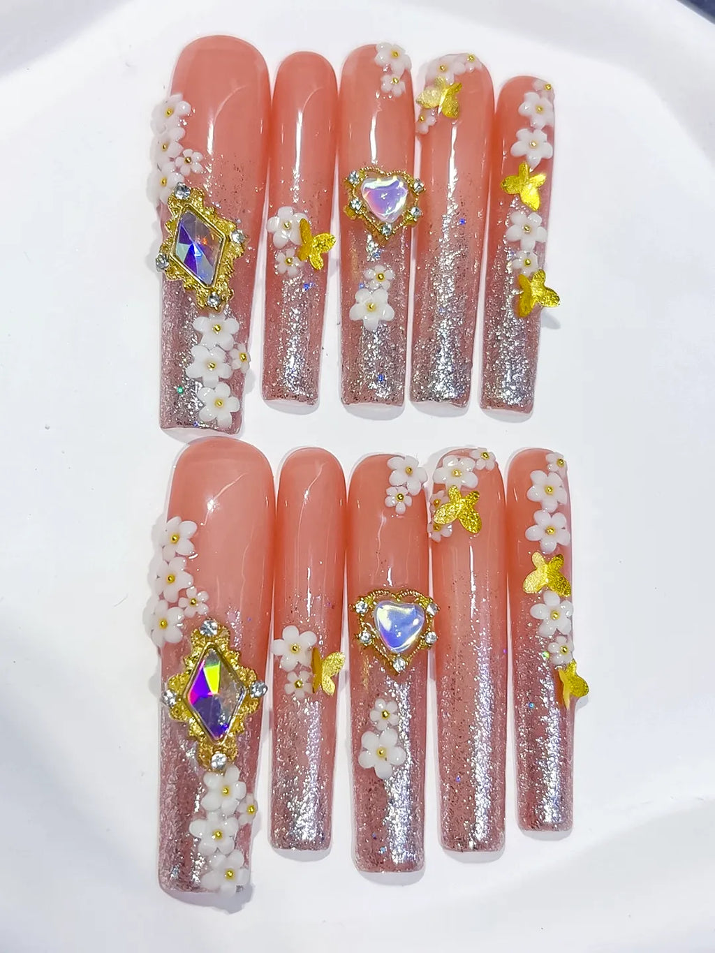 Nude Gold White Multicolor Glitter Flower Heart Rhinestone press on nails detail view