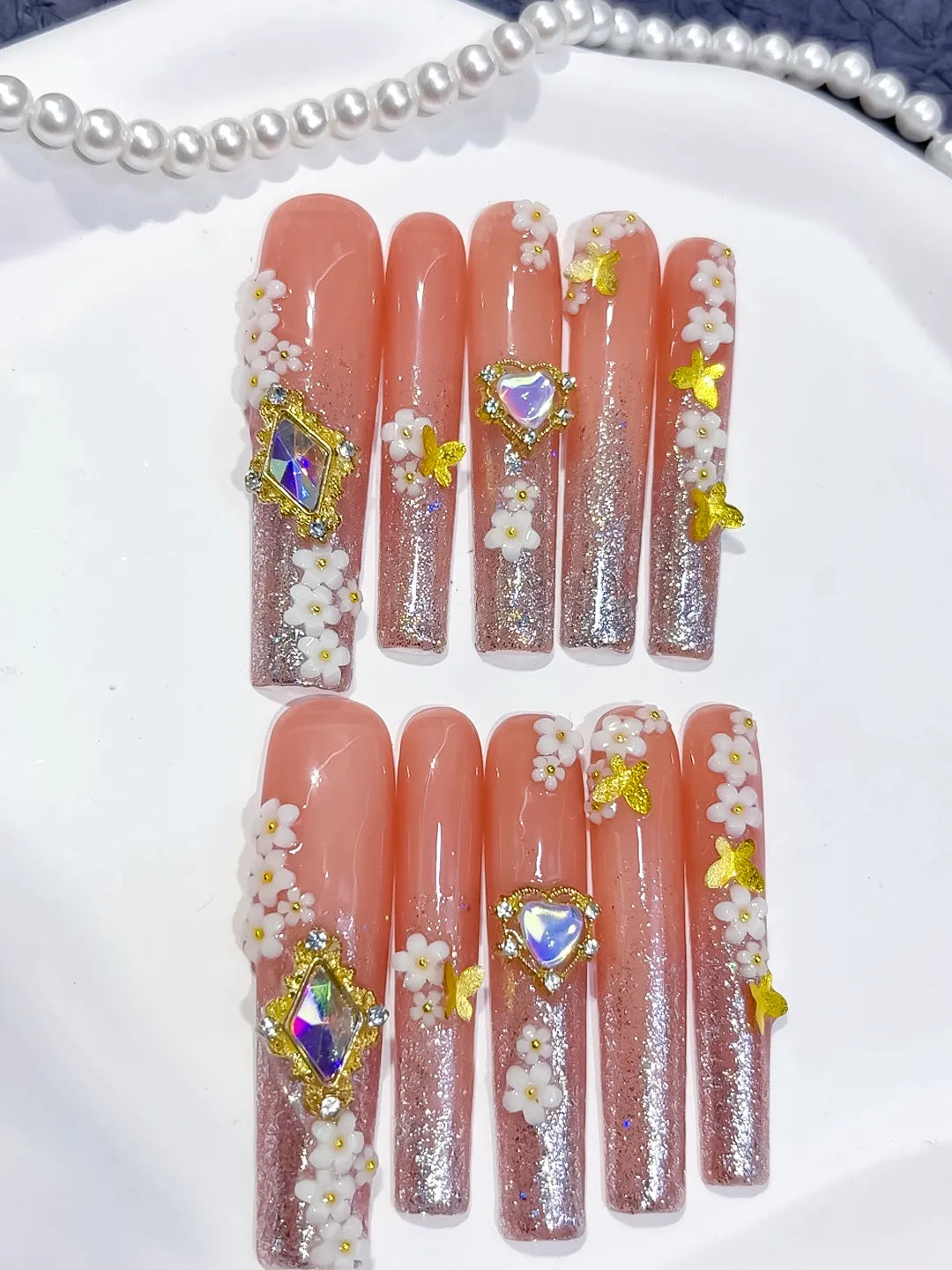 Nude Gold White Multicolor Glitter Flower Heart Rhinestone press on nails close up