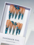 Nude Blue Silver Ombre Butterfly Rhinestone press on nails