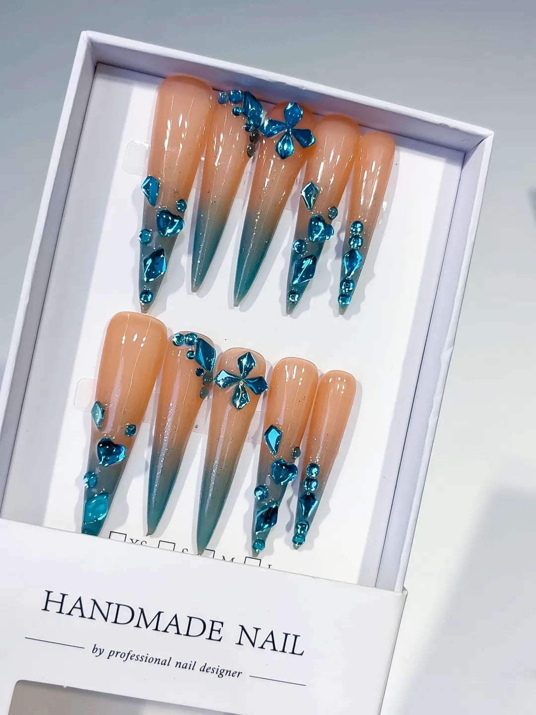 Nude Blue Silver Ombre Butterfly Rhinestone press on nails