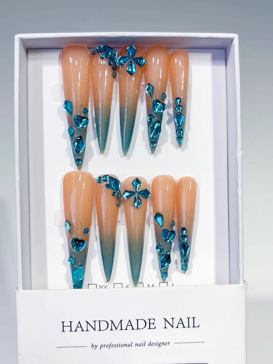 Nude Blue Silver Ombre Butterfly Rhinestone press on nails full set view