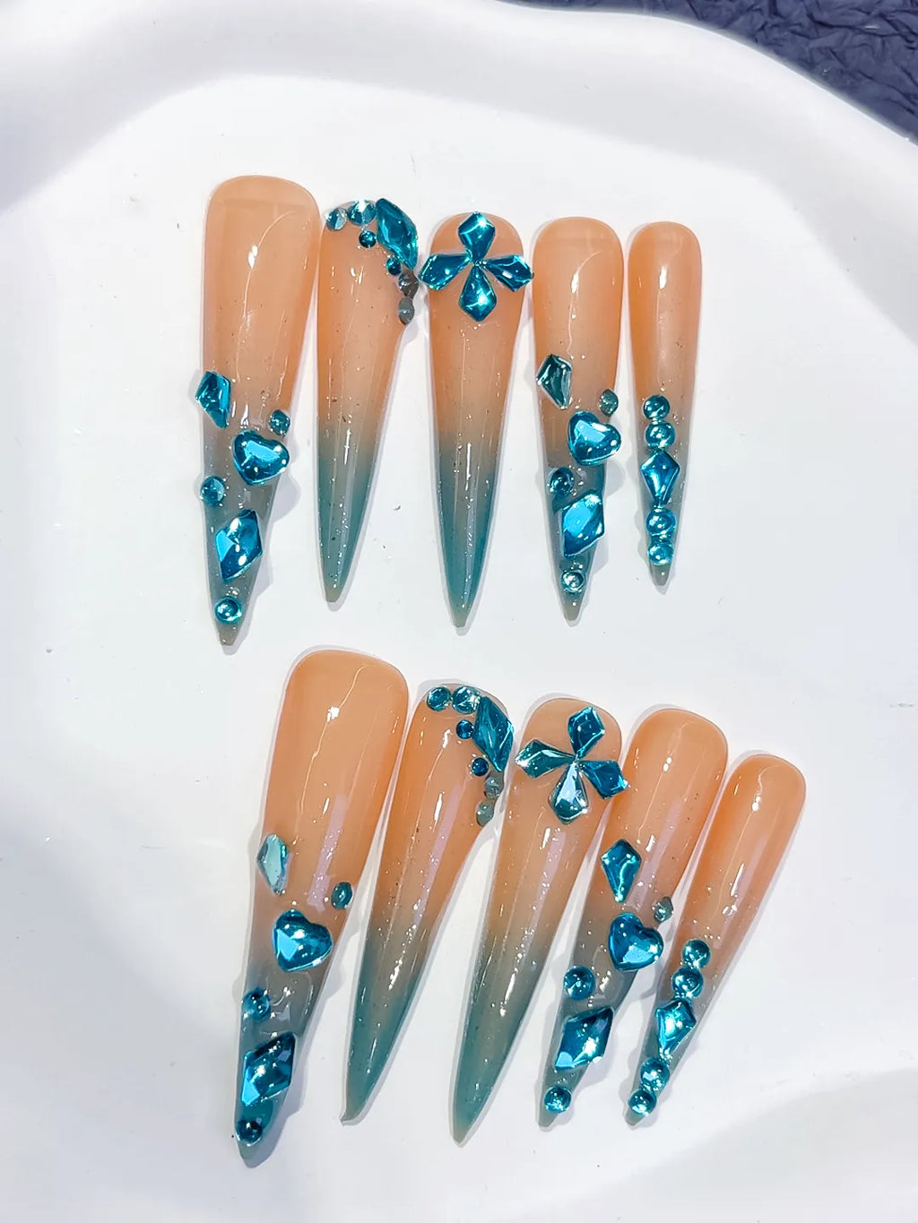 Nude Blue Silver Ombre Butterfly Rhinestone press on nails close up