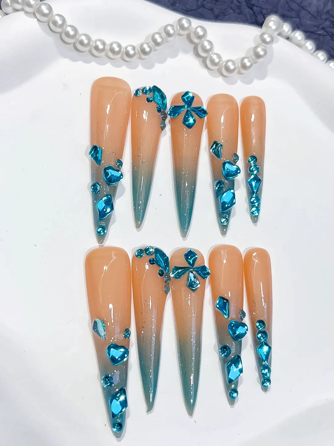 Nude Blue Silver Ombre Butterfly Rhinestone press on nails detail view