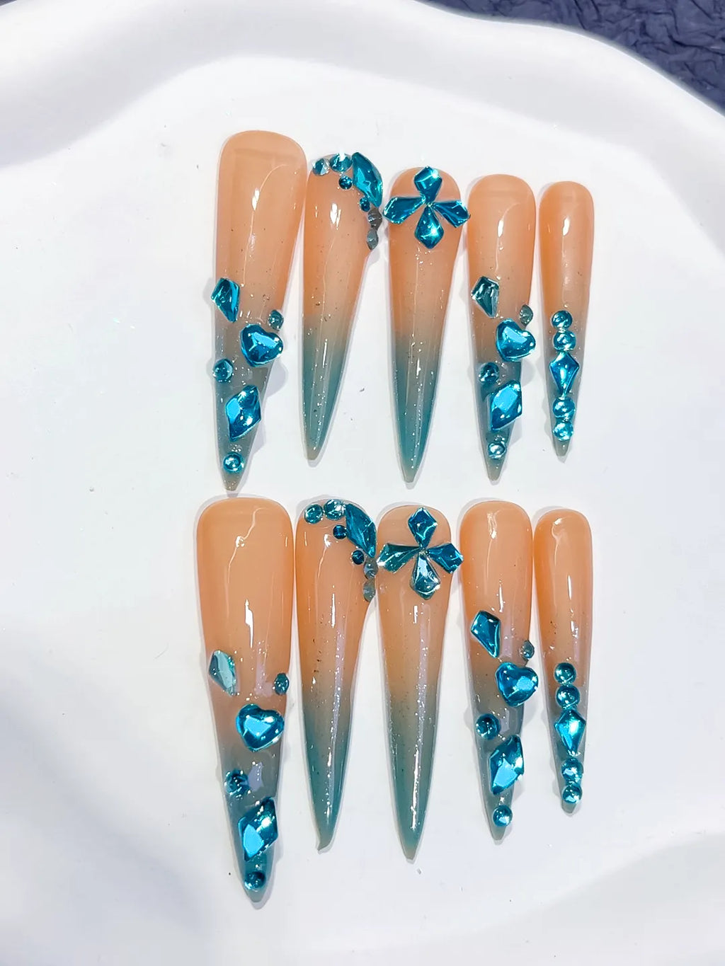 Nude Blue Silver Ombre Butterfly Rhinestone press on nails detail view