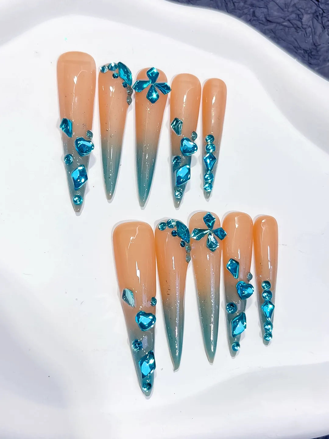 Nude Blue Silver Ombre Butterfly Rhinestone press on nails detail view