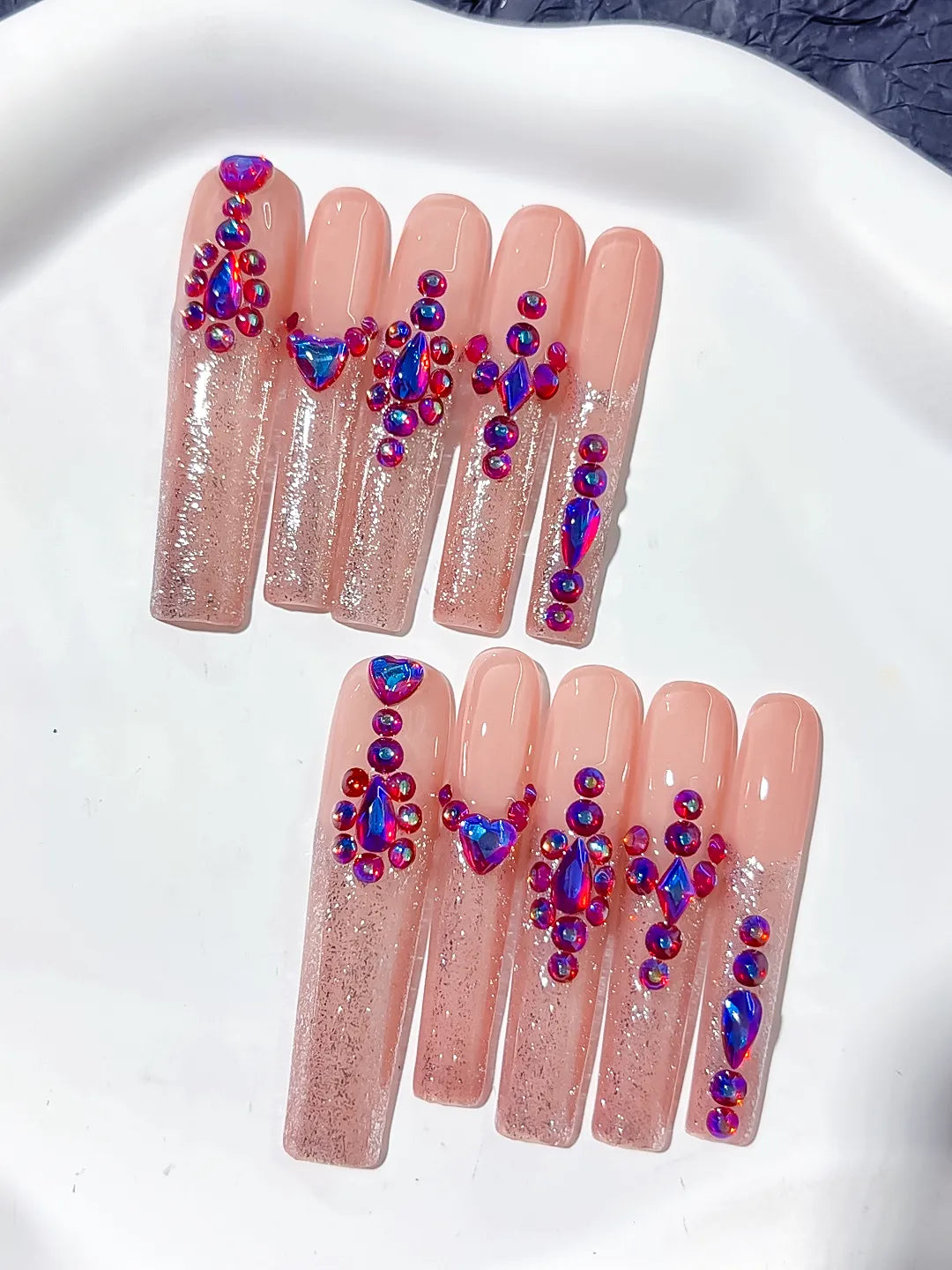 Nude Pink Purple Multicolor Glitter Heart Rhinestone press on nails close up