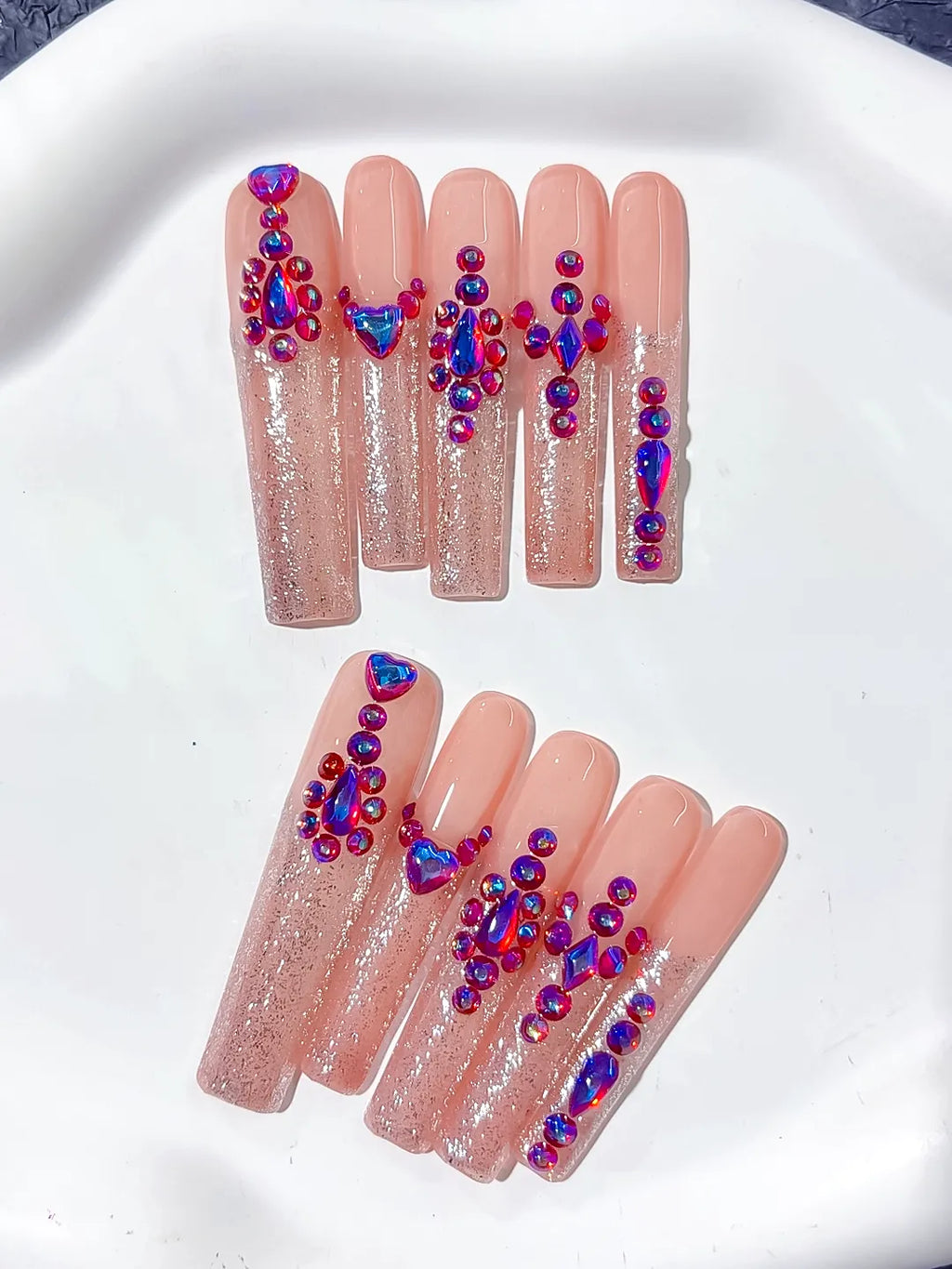 Nude Pink Purple Multicolor Glitter Heart Rhinestone press on nails detail view