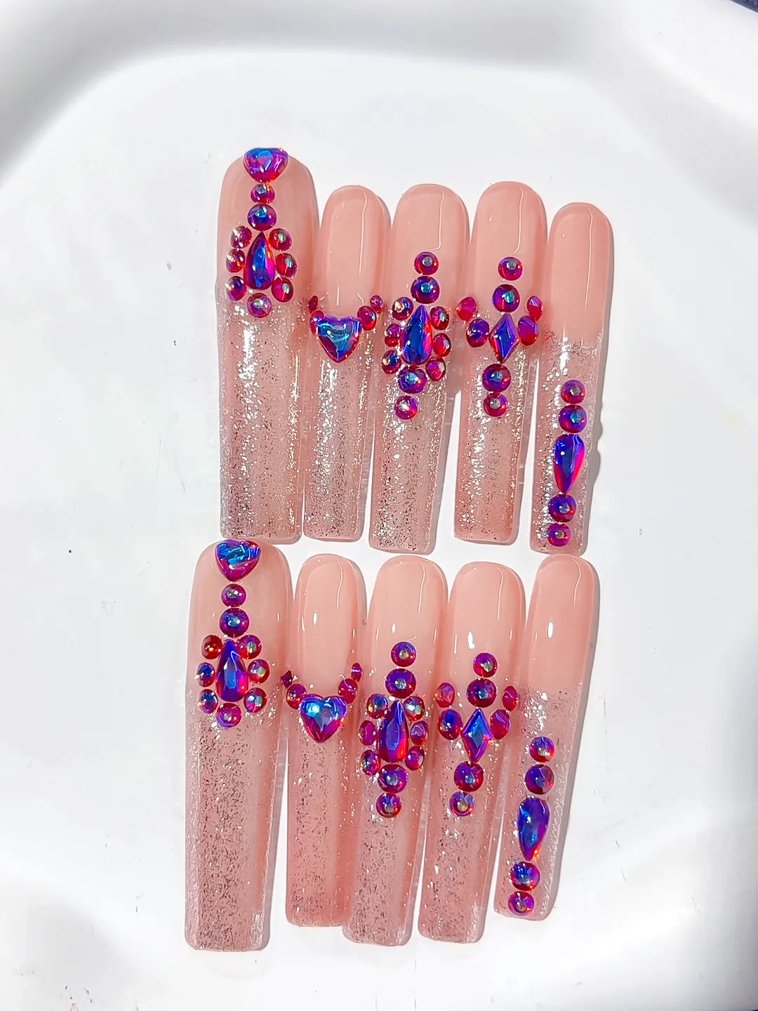 Nude Pink Purple Multicolor Glitter Heart Rhinestone press on nails detail view