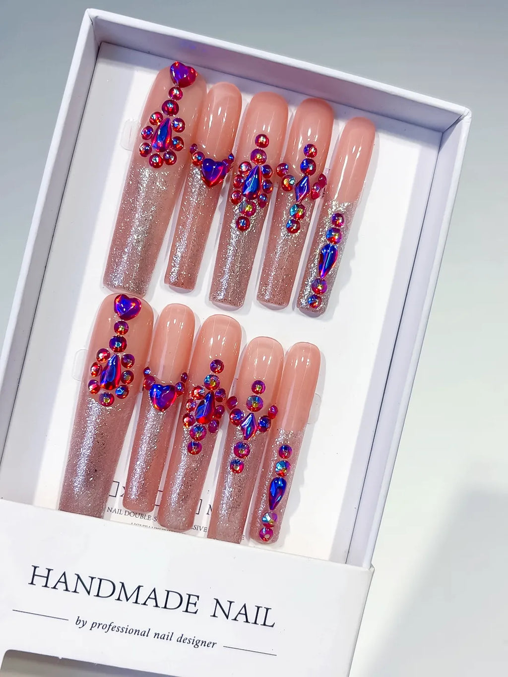 Nude Pink Purple Multicolor Glitter Heart Rhinestone press on nails