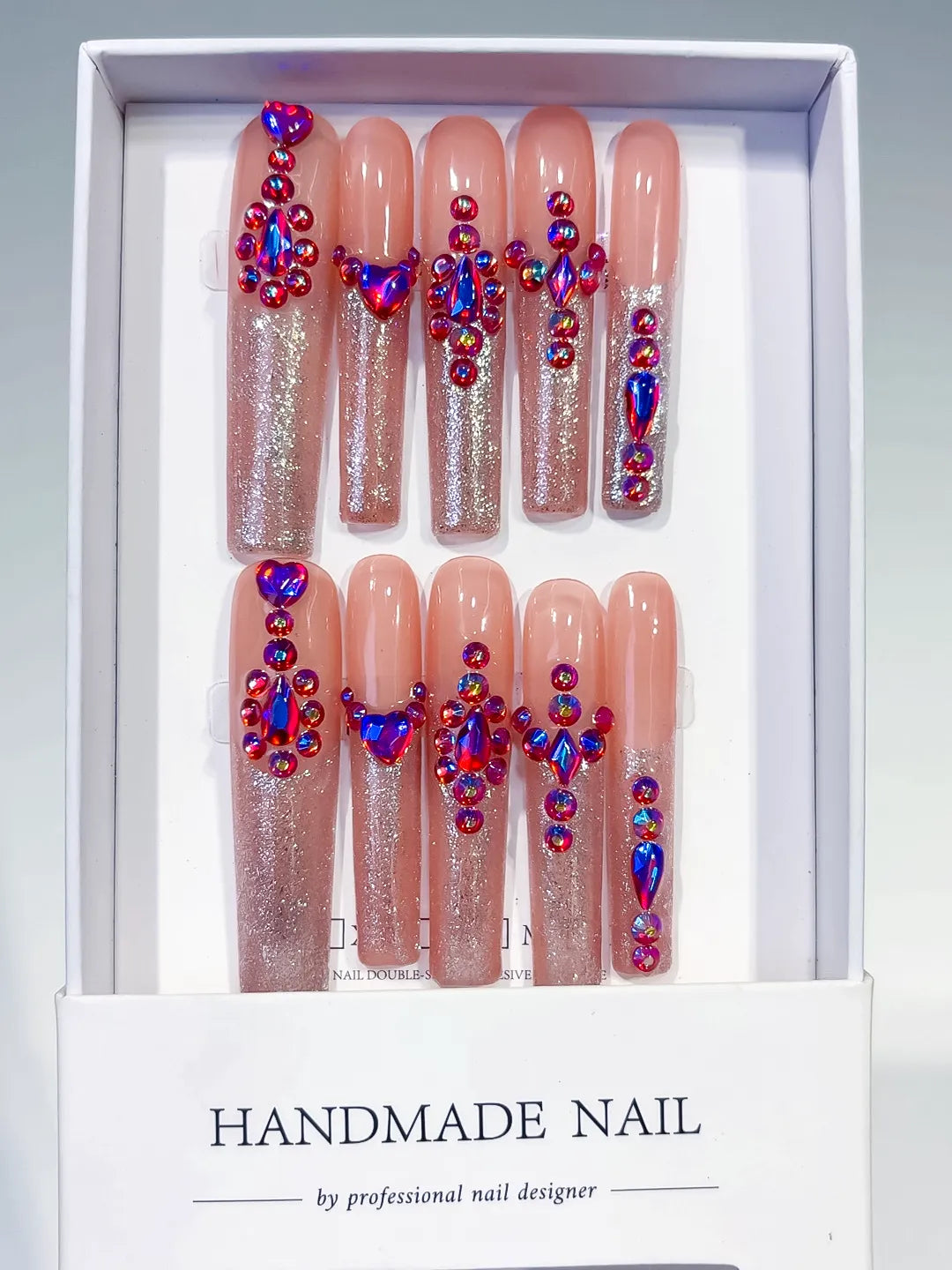 Nude Pink Purple Multicolor Glitter Heart Rhinestone press on nails full set view
