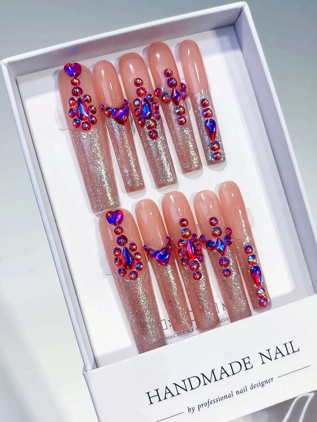 Nude Pink Purple Multicolor Glitter Heart Rhinestone press on nails angled view