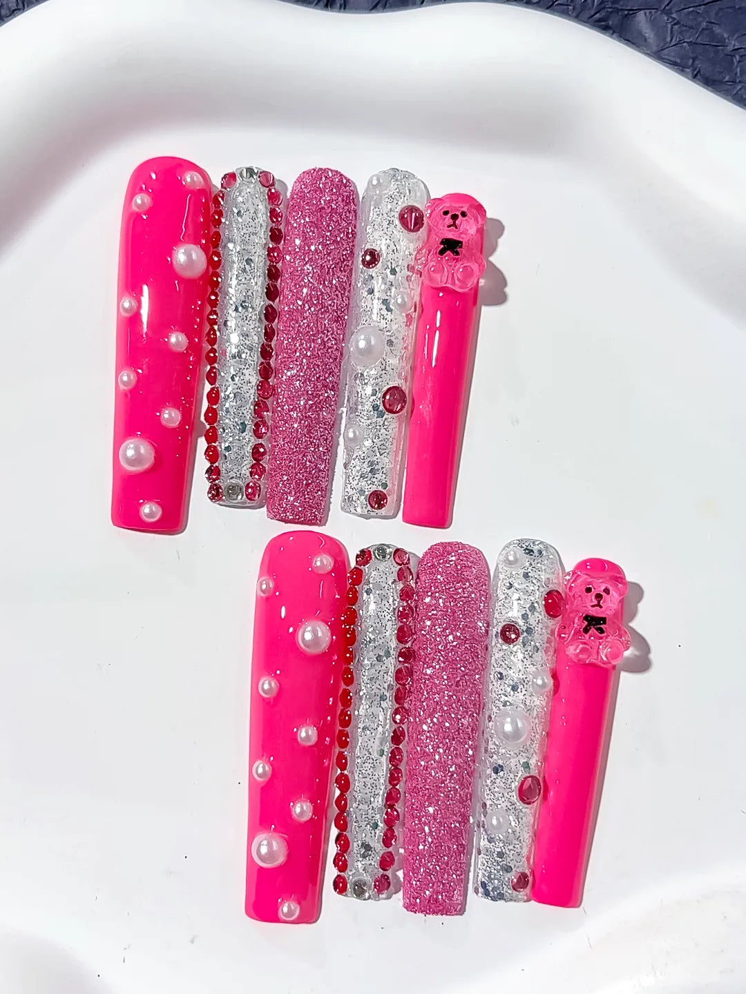 Pink Silver White Glitter Bear Pearl Rhinestone 3D press on nails close up