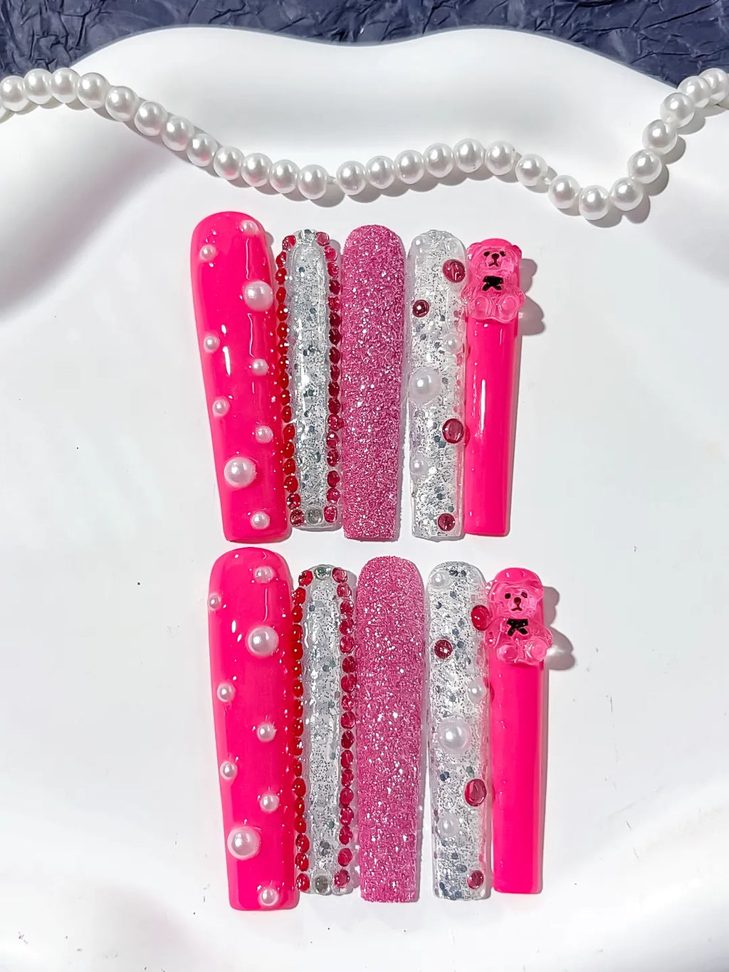 Pink Silver White Glitter Bear Pearl Rhinestone 3D press on nails detail view