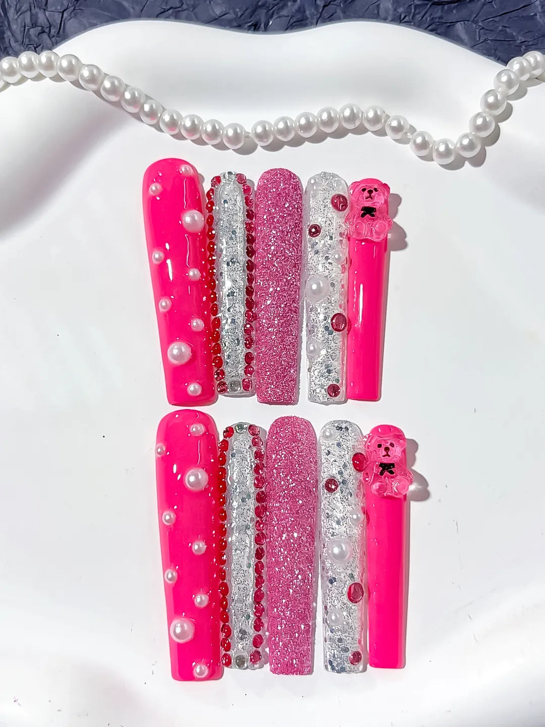 Pink Silver White Glitter Bear Pearl Rhinestone 3D press on nails detail view