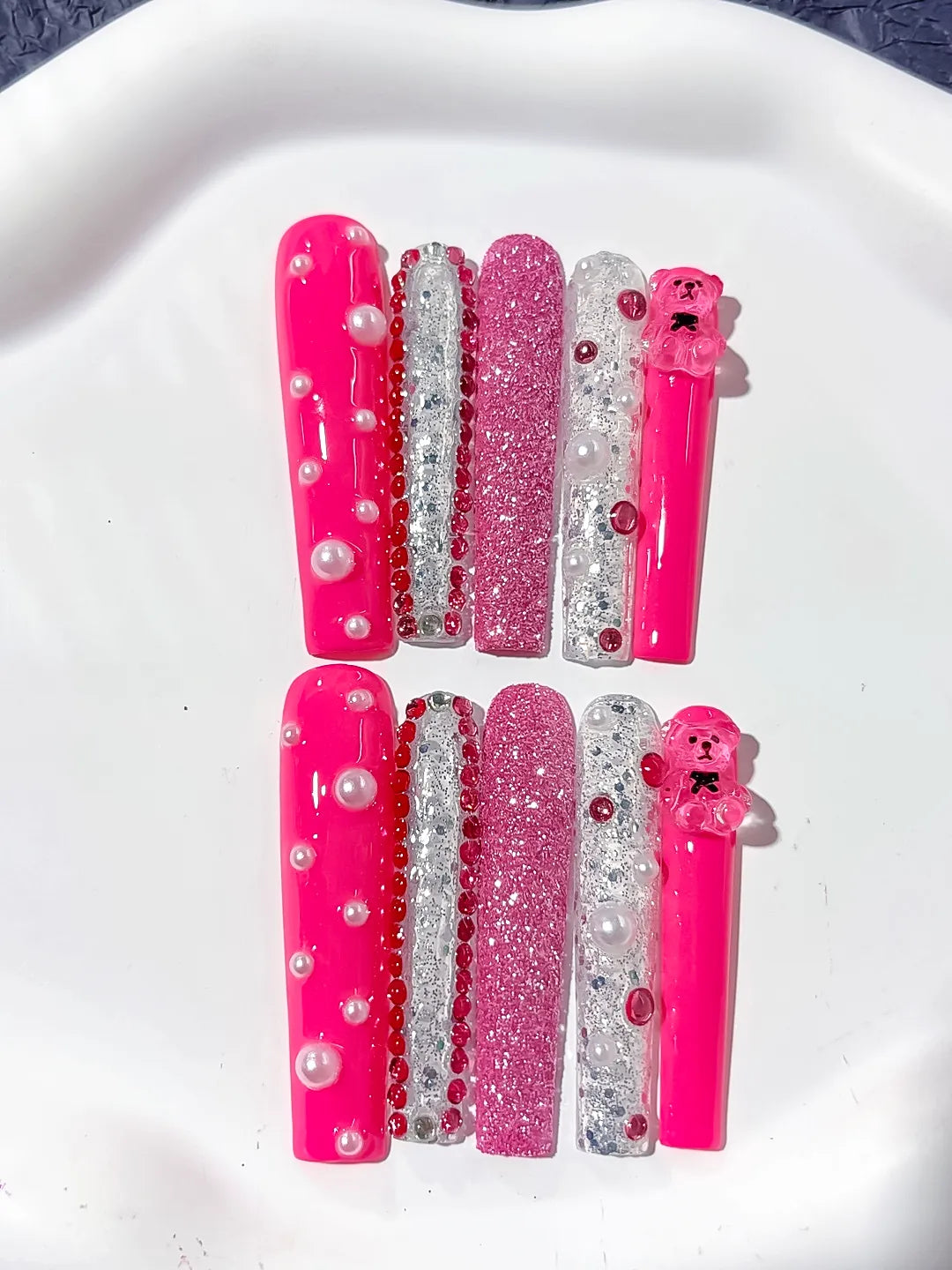 Pink Silver White Glitter Bear Pearl Rhinestone 3D press on nails detail view